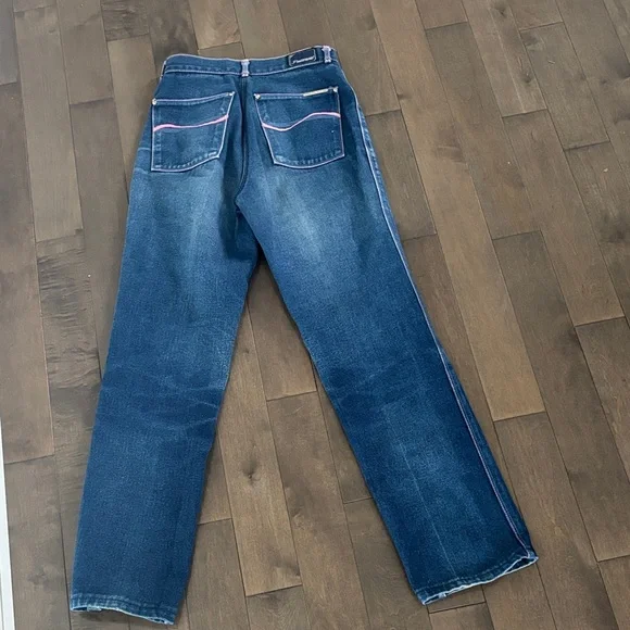 Vintage 70s Pentimento Women's Straight Leg Jeans in Dark Blue and Pink Stiching - Picture 10 of 11